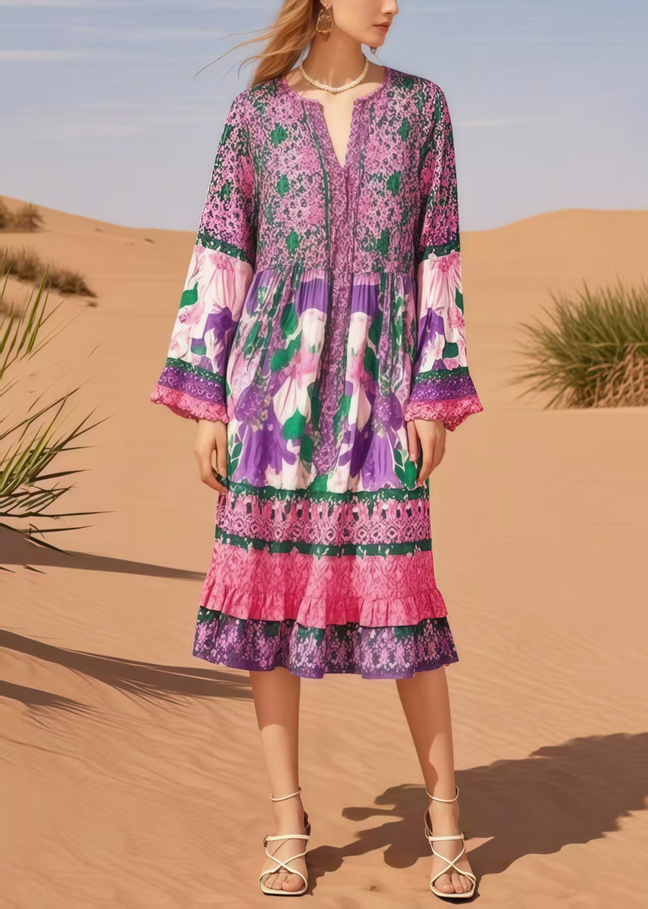 Italian Lavender Oversized Print Cotton Long Dress Spring