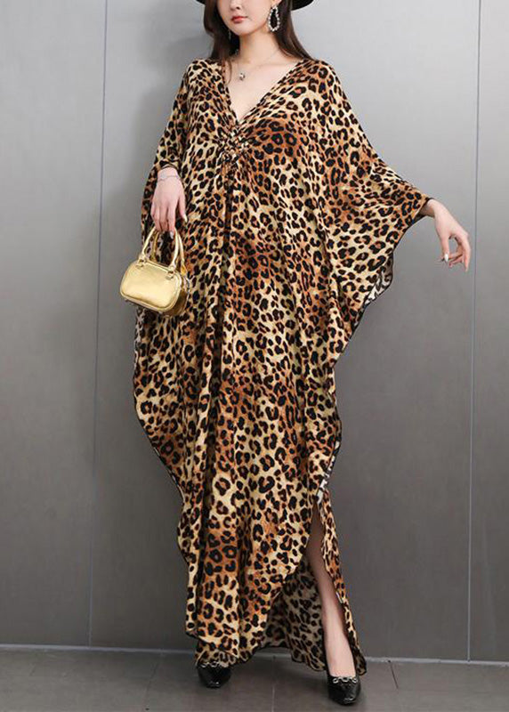 Italian Leopard V Neck Side Open Maxi Dress Batwing Sleeve