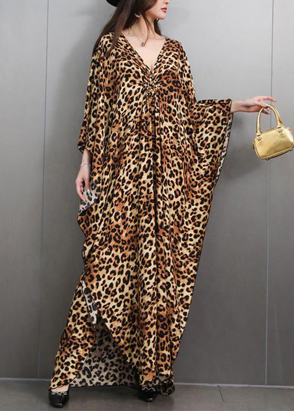Italian Leopard V Neck Side Open Maxi Dress Batwing Sleeve