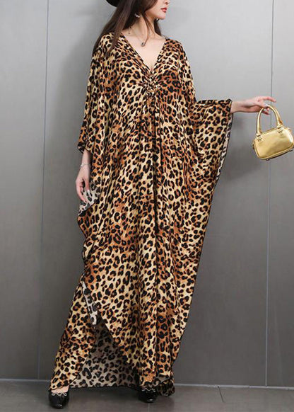 Italian Leopard V Neck Side Open Maxi Dress Batwing Sleeve
