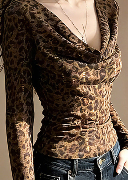 Italian Leopard V Neck Wrinkled Cotton T Shirt Spring