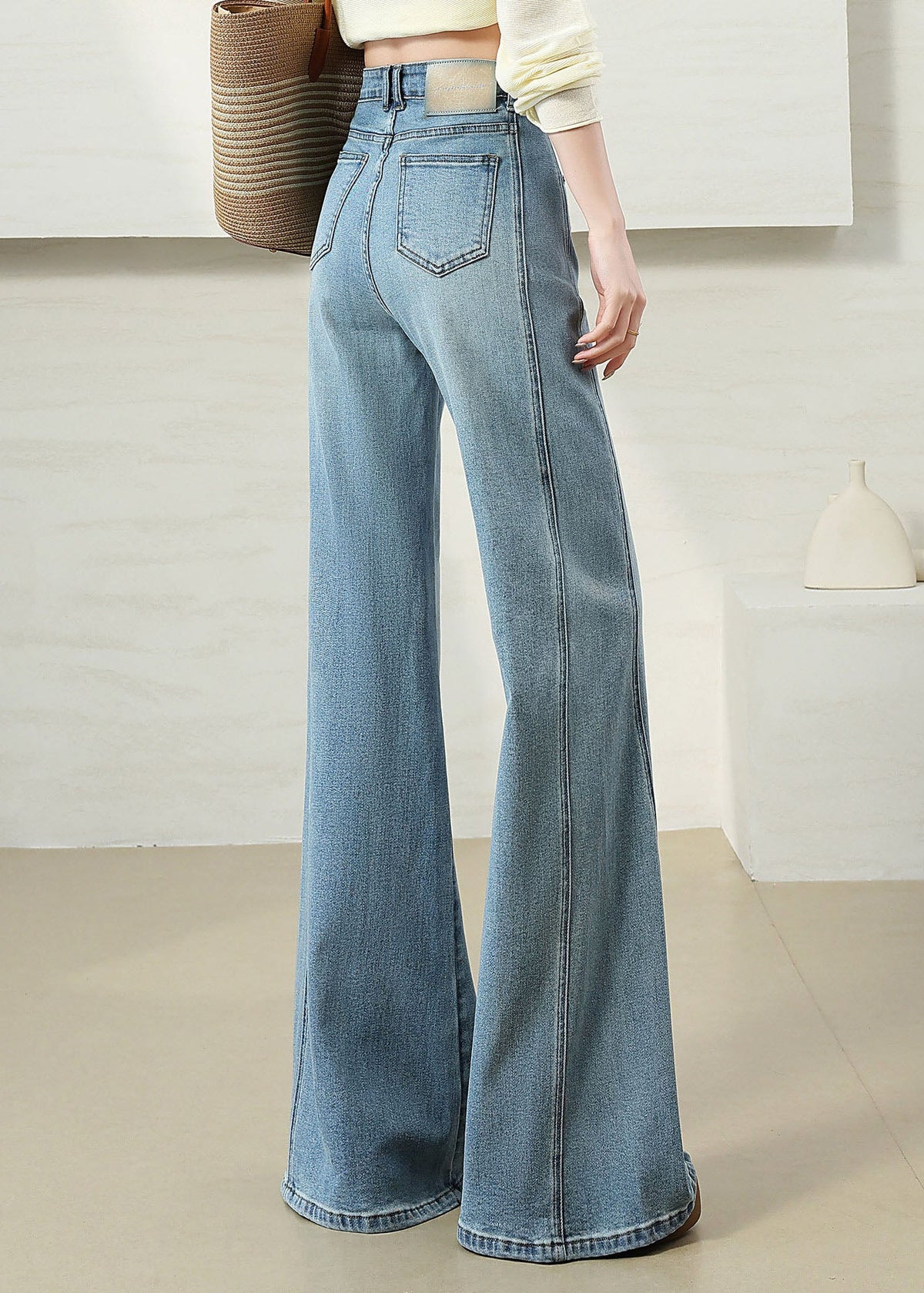 Italian Light Blue High Waist Denim Flare Bottoms Pants Fall