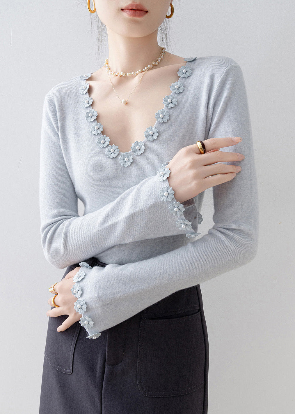 Italian Light Blue V Neck Floral Knit Sweater Flare Sleeve