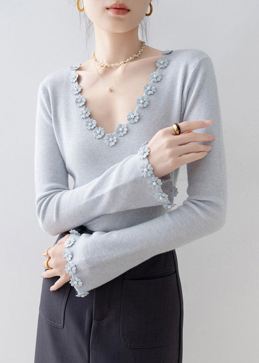 Italian Light Blue V Neck Floral Knit Sweater Flare Sleeve