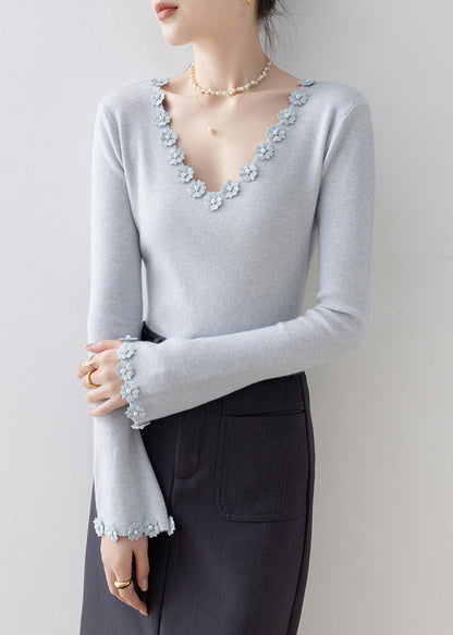Italian Light Blue V Neck Floral Knit Sweater Flare Sleeve