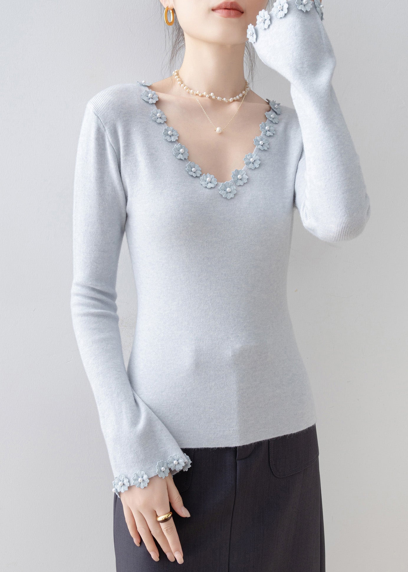 Italian Light Blue V Neck Floral Knit Sweater Flare Sleeve