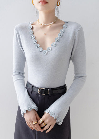 Italian Light Blue V Neck Floral Knit Sweater Flare Sleeve
