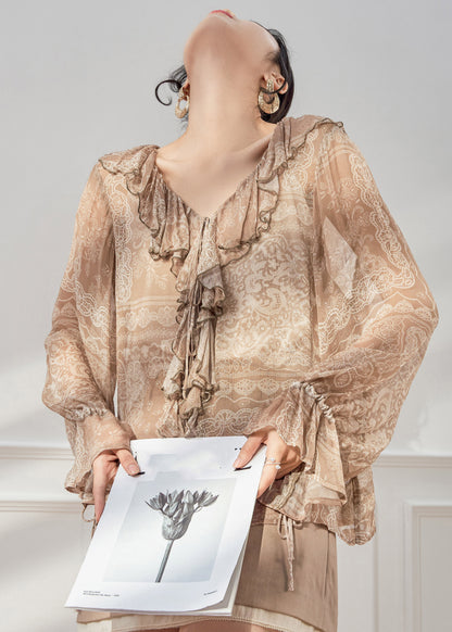 Italian Light Brown V Neck Print Silk Shirts Flare Sleeve