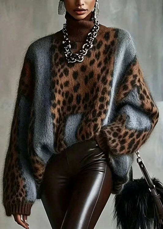 Italian Light Coffee Leopard Turtleneck Thick Knit Sweater Winter