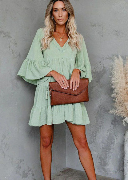 Italian Light Green Tasseled Patchwork Wrinkled Chiffon Dress Summer