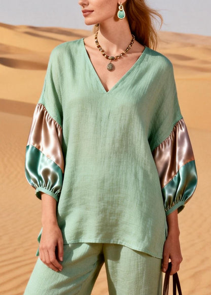 Italian Light Green V Neck Patchwork Cotton Two Pieces Set Summer