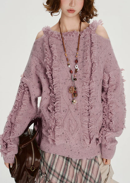 Italian Light Purple Cold Shoulder Cozy Fluffy Sweater Tops Winter