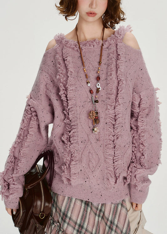 Italian Light Purple Cold Shoulder Cozy Fluffy Sweater Tops Winter