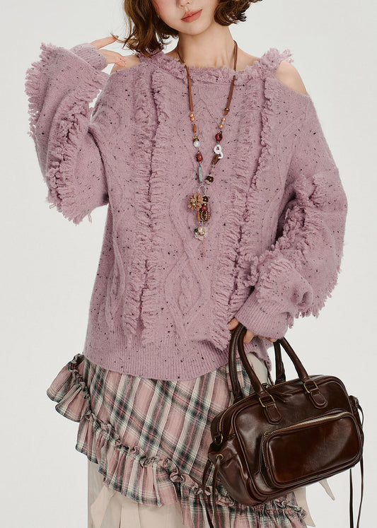 Italian Light Purple Cold Shoulder Cozy Fluffy Sweater Tops Winter