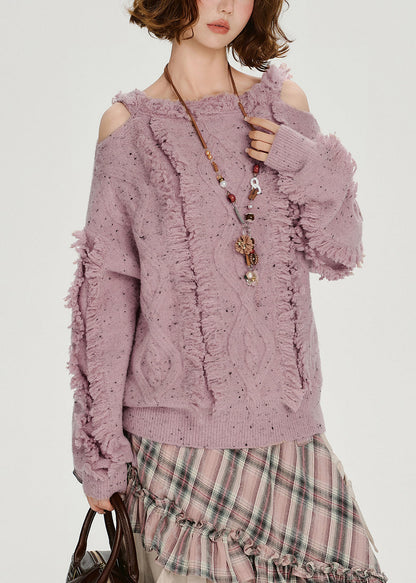 Italian Light Purple Cold Shoulder Cozy Fluffy Sweater Tops Winter