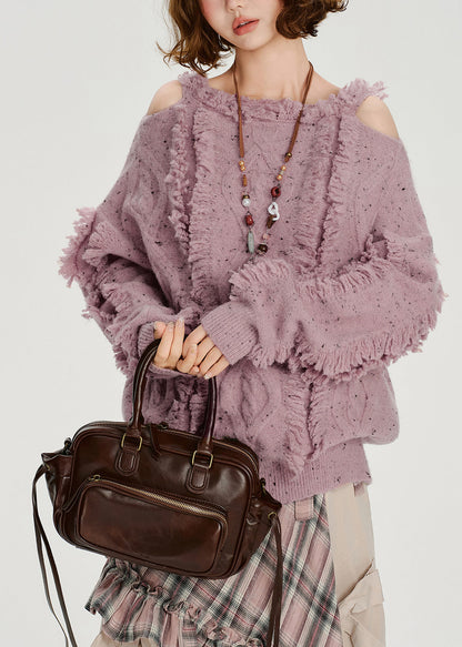 Italian Light Purple Cold Shoulder Cozy Fluffy Sweater Tops Winter