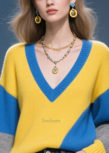 Italian Mixed Color Asymmetrical Design Warm Sweaters Winter