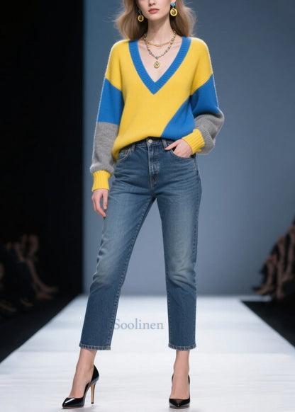 Italian Mixed Color Asymmetrical Design Warm Sweaters Winter