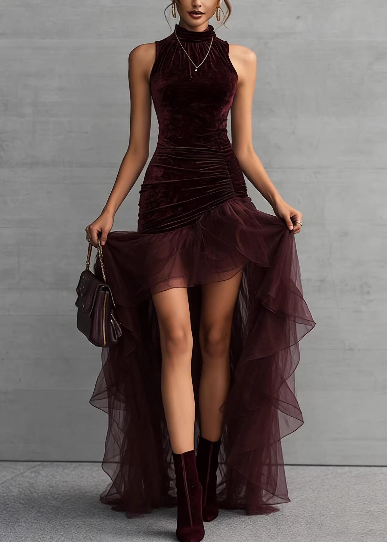 Italian Mulberry Asymmetrical Patchwork Tulle Holiday Dress Sleeveless