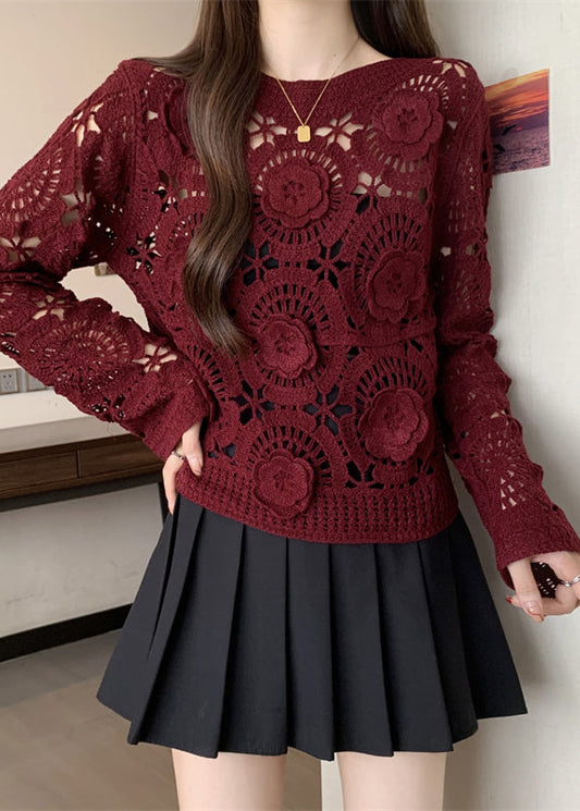Italian Mulberry Embroidered Hollow Out Knit Sweater Fall