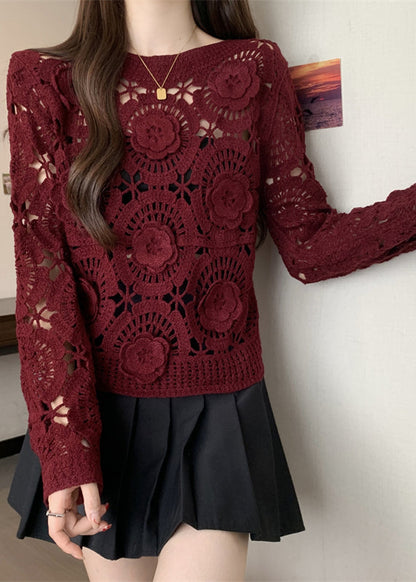 Italian Mulberry Embroidered Hollow Out Knit Sweater Fall