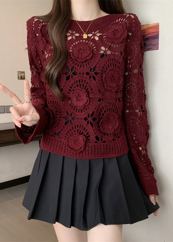 Italian Mulberry Embroidered Hollow Out Knit Sweater Fall