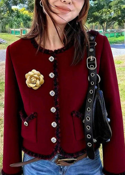Italian Mulberry O Neck Pockets Floral Cotton Short Coat Spring