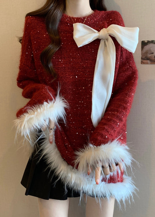 Italian Mulberry Oversized Patchwork Bow Knit Sweater Tops Fall