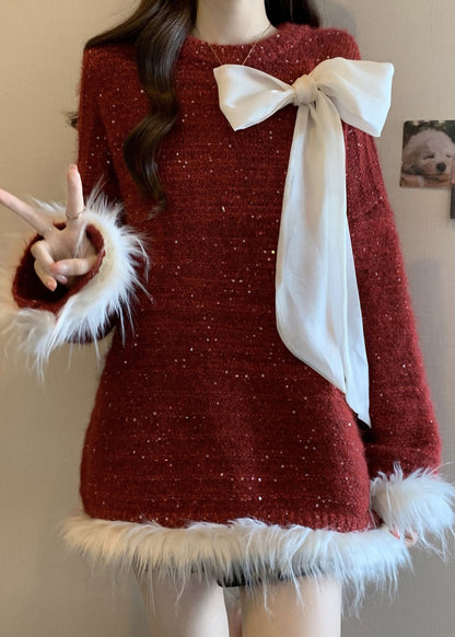 Italian Mulberry Oversized Patchwork Bow Knit Sweater Tops Fall