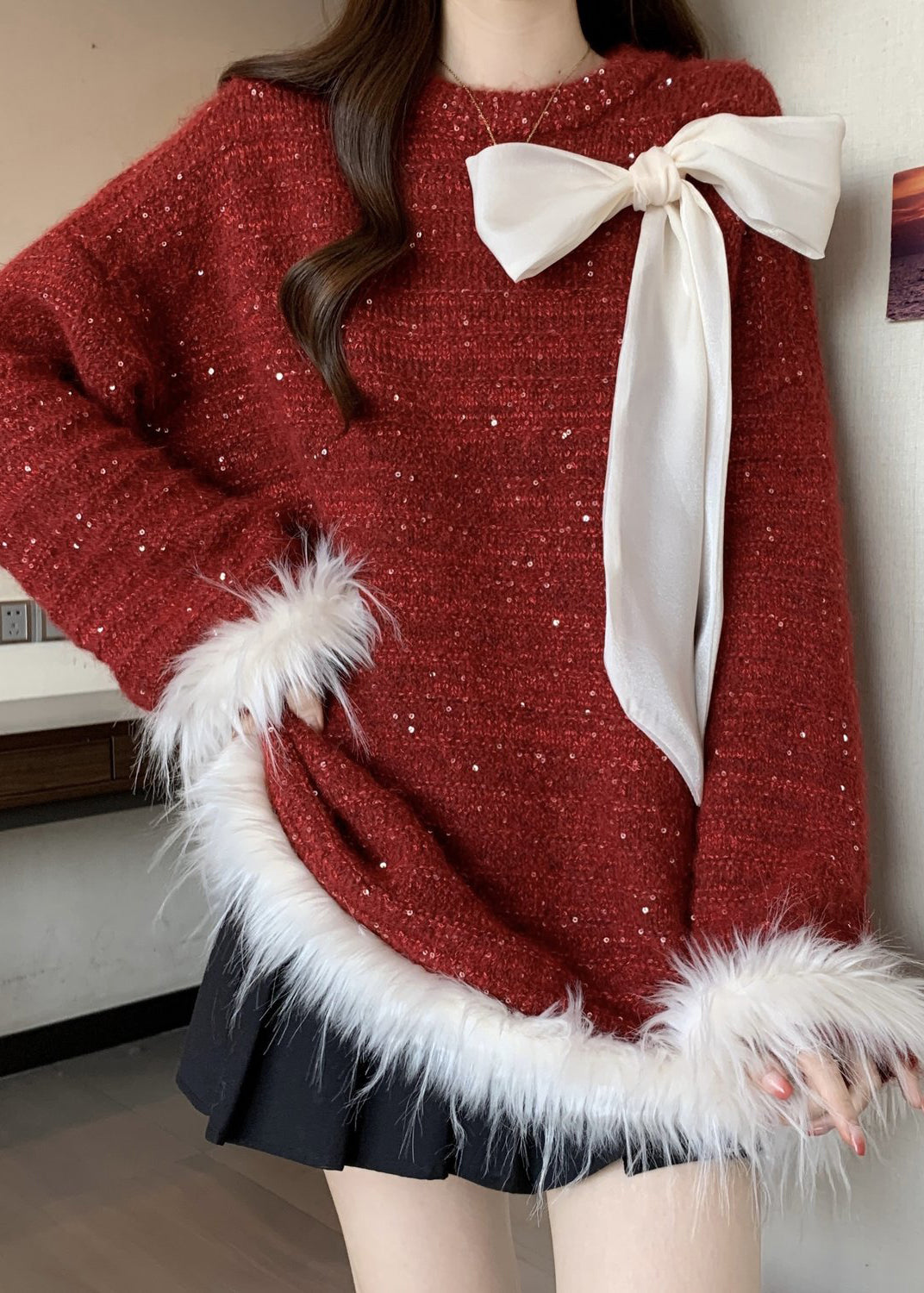 Italian Mulberry Oversized Patchwork Bow Knit Sweater Tops Fall