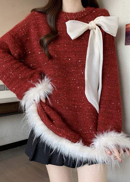 Italian Mulberry Oversized Patchwork Bow Knit Sweater Tops Fall