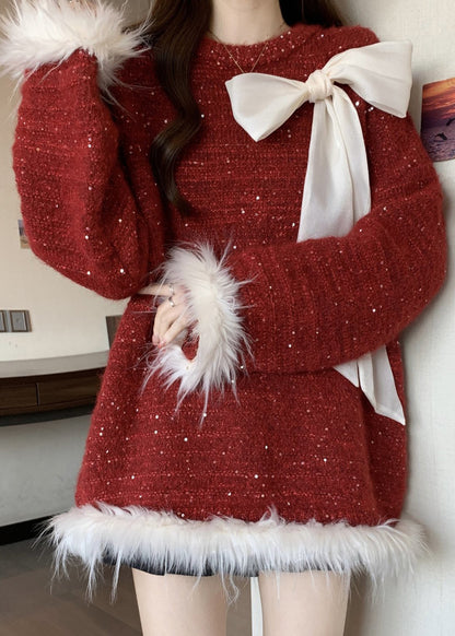 Italian Mulberry Oversized Patchwork Bow Knit Sweater Tops Fall