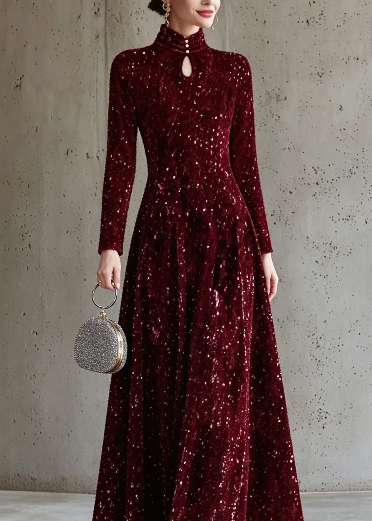 Italian Mulberry Stand Collar Sequins Maxi Dress Long Sleeve