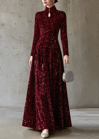 Italian Mulberry Stand Collar Sequins Maxi Dress Long Sleeve
