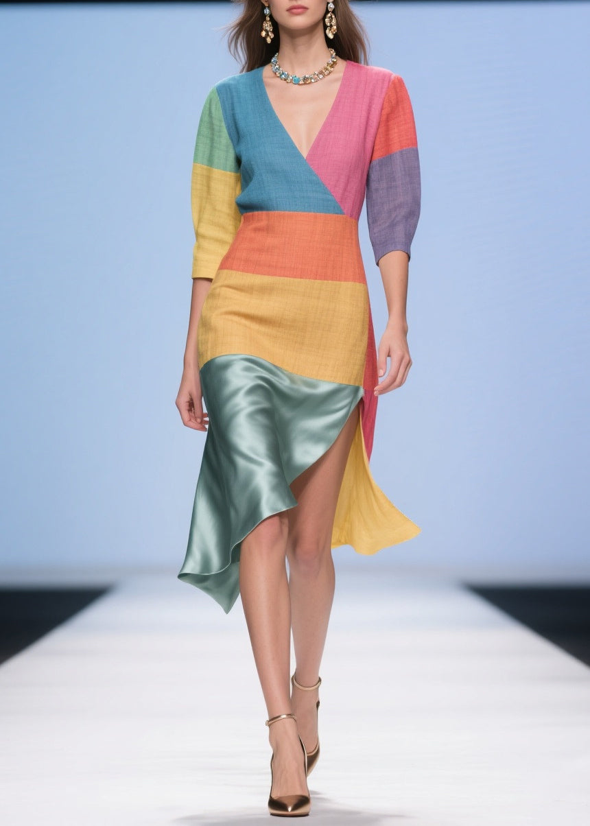 Italian Multicolored Asymmetrical Patchwork Linen Silk Dress Summer