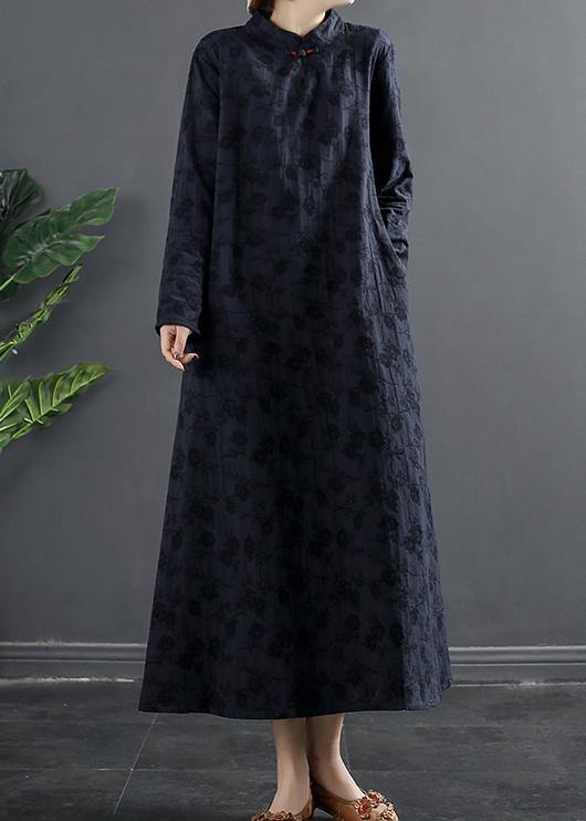 Italian Navy Embroidery Long Stand Collar Vestidos De Lino Dresses - SooLinen