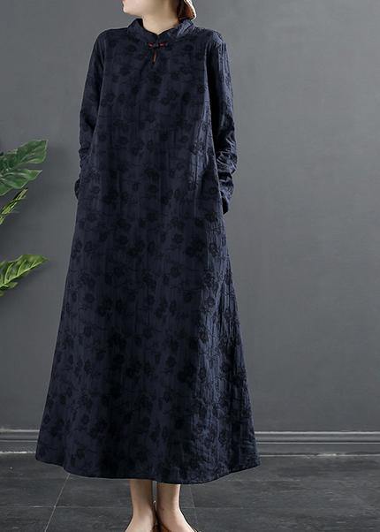 Italian Navy Embroidery Long Stand Collar Vestidos De Lino Dresses - SooLinen