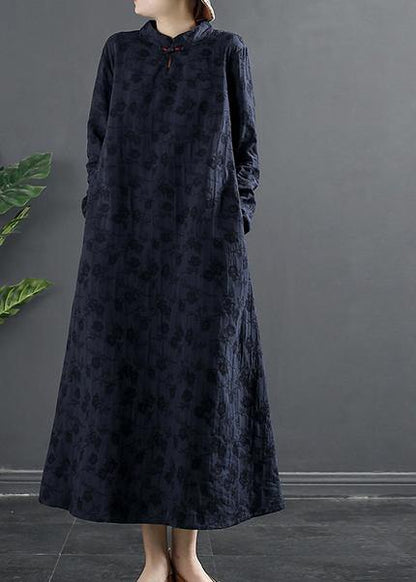 Italian Navy Embroidery Long Stand Collar Vestidos De Lino Dresses - SooLinen