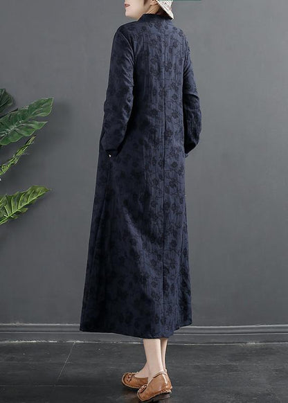 Italian Navy Embroidery Long Stand Collar Vestidos De Lino Dresses - SooLinen