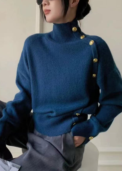 Italian Navy High Neck Golden Button Knit Sweater Winter