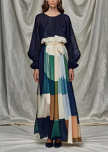 Load image into Gallery viewer, Italian Navy O Neck Tie Waist Patchwork Silk Dress Long Sleeve