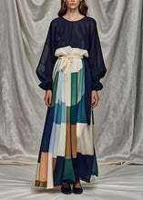 Load image into Gallery viewer, Italian Navy O Neck Tie Waist Patchwork Silk Dress Long Sleeve