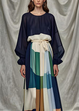 Load image into Gallery viewer, Italian Navy O Neck Tie Waist Patchwork Silk Dress Long Sleeve