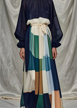 Load image into Gallery viewer, Italian Navy O Neck Tie Waist Patchwork Silk Dress Long Sleeve
