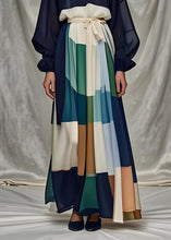 Load image into Gallery viewer, Italian Navy O Neck Tie Waist Patchwork Silk Dress Long Sleeve