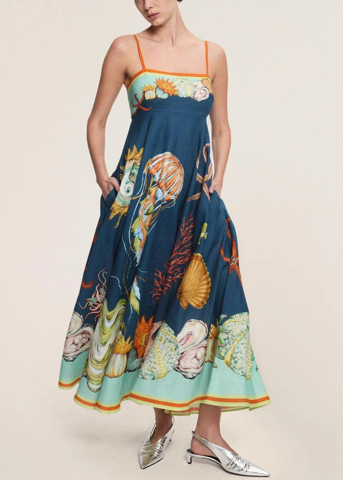 Italian Navy Print Pockets Linen Spaghetti Strap Dress Sleeveless