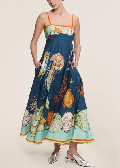 Italian Navy Print Pockets Linen Spaghetti Strap Dress Sleeveless