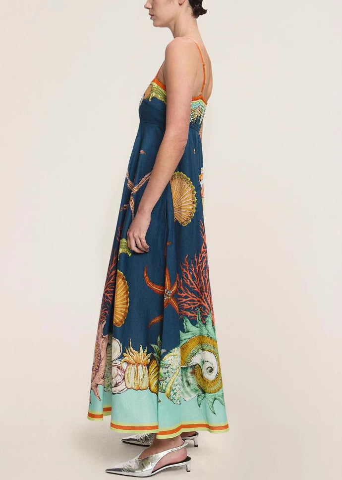 Italian Navy Print Pockets Linen Spaghetti Strap Dress Sleeveless