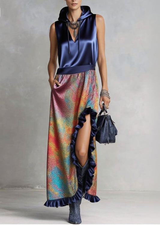 Italian Navy Ruffled Patchwork Print Silk Robe Dresses Sleeveless