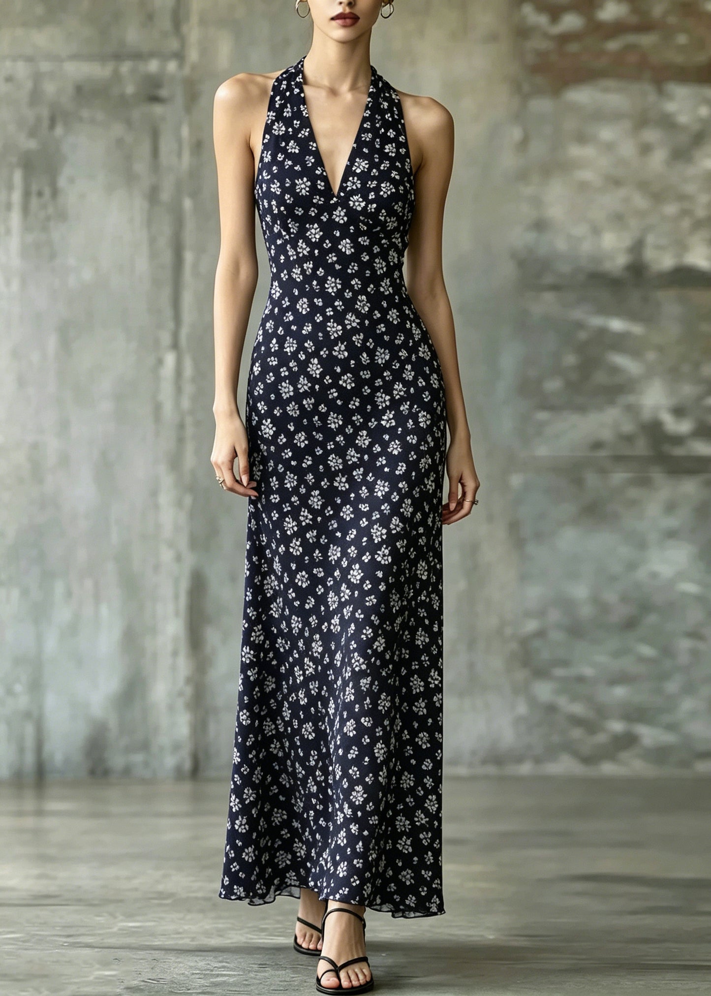 Italian Navy V Neck Print Chiffon Holiday Dresses Sleeveless